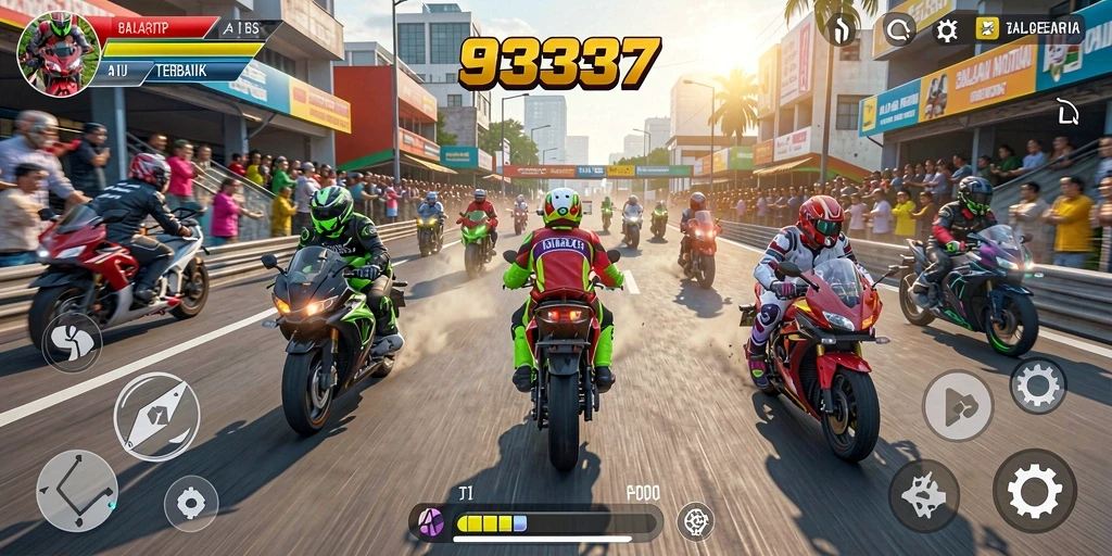 Tampilan gameplay seru di arena balap motor.