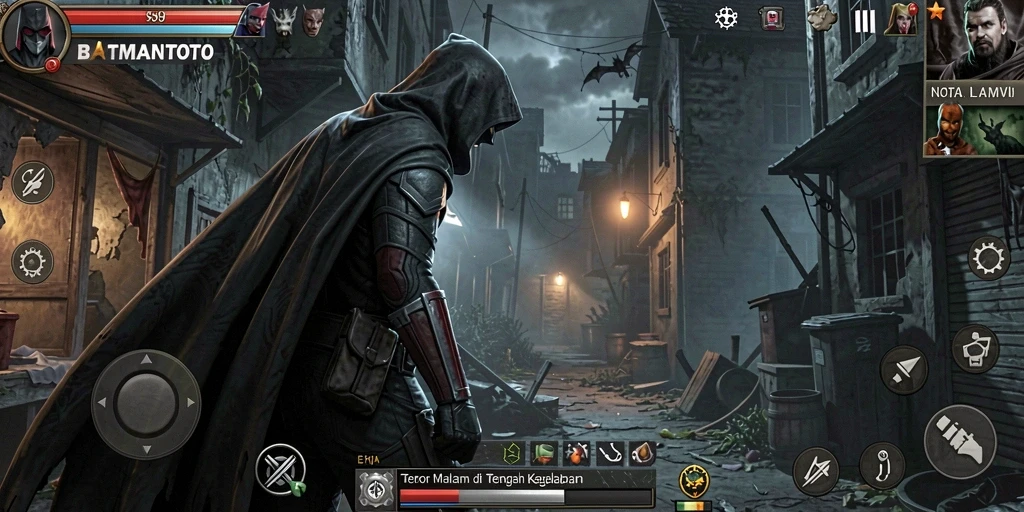 Screenshot gameplay dari BATMANTOTO yang menunjukkan suasana horor yang mencekam.