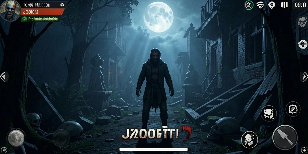 Tampilan gameplay menakutkan dalam J200M dengan suasana gelap.