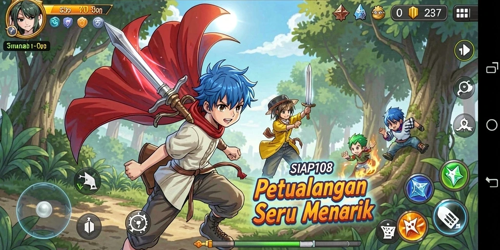Tangkapan layar gameplay SIAP108 menampilkan petualangan karakter anime.