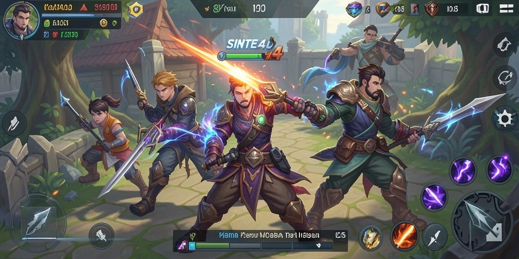 Screenshot utama SINTE4D dengan tampilan gameplay MOBA yang intens.