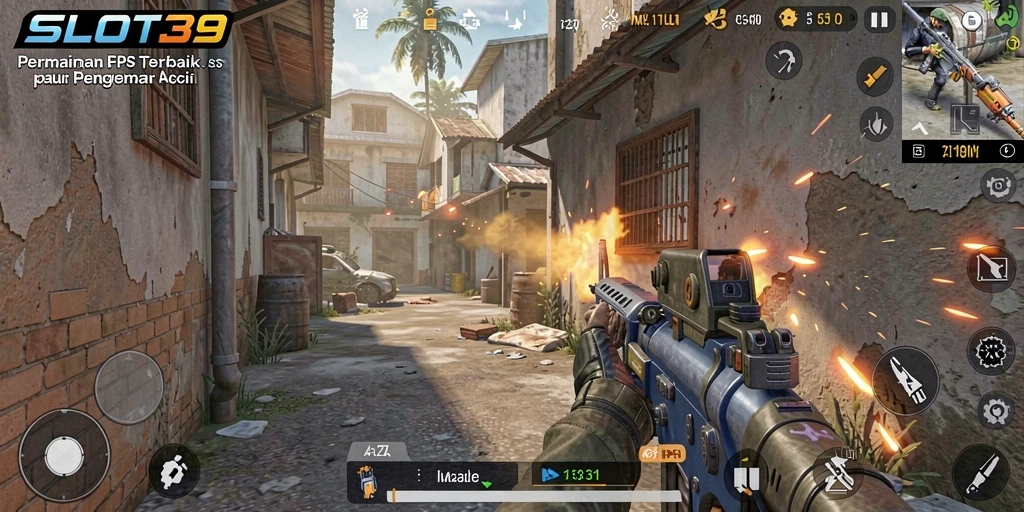 Screenshot utama SLOT39 menampilkan aksi tembak-menembak yang menegangkan.