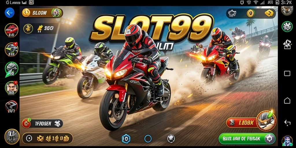 Tampilkan balapan motor yang mendebarkan di SLOT99.