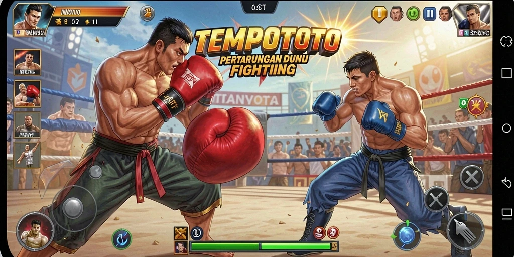 Tangkapan layar permainan TEMPOTOTO menampilkan aksi pertarungan yang mendebarkan.