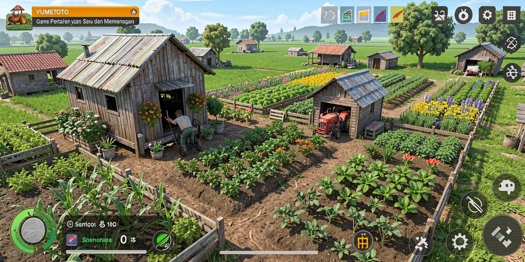 Tampilan gameplay <strong>YUMETOTO</strong> saat menanam dan merawat tanaman di kebun.