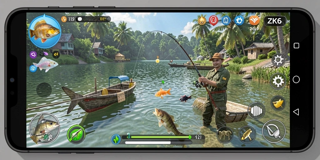 Gameplay ZK6 yang menampilkan keseruan memancing yang realistis.